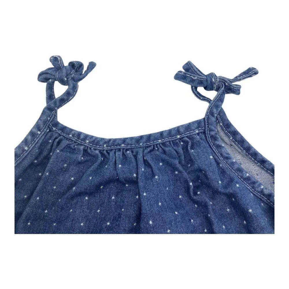 Baby Gap Denim Jumpsuit Romper Baby Girl 6-12 Months‎ Blue Polka Dot Tie Straps